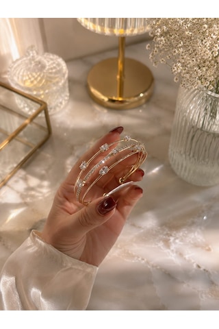 Aurora Gold Taş Detaylı Çelik Kelepçe Bileklik Altın