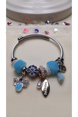 Uzel Çelik Gümüş Silver Model Forever Yazılı, Arı Charmlı Çelik Bileklik Mavi
