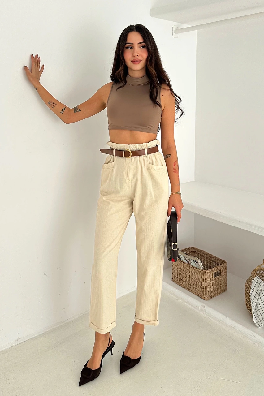 Yıkamalı Pamuk Yağmur Gabardin Yüksek Bel Pantolon Bej Bej