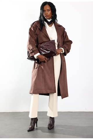 Kahverengi Kruvaze Yaka Süet Kaban 9608 Kahverengi