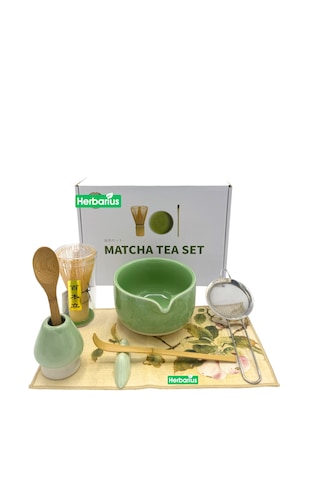 Herbarius 8 Parça Çiçek Desenli Balık Sırtı Kabartmalı Mint Yeşili Renk Matcha Çayı Hazırlama Seti - Geleneksel Japon Matcha Seti