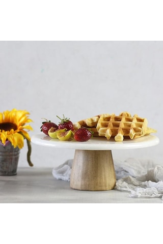Akayev Mermer 25 CM Konik Ahşap Ayaklı Beyaz Yuvarlak Sunum Tabağ