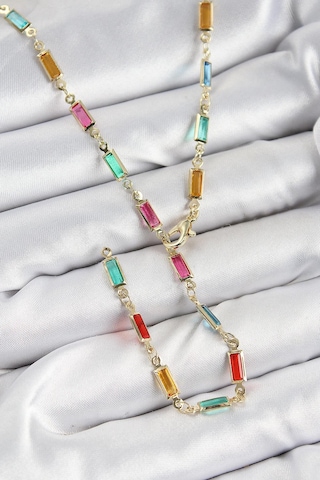 Pirinç Renkli Zirkon Taşlı Dikdörtgen Model Gold Renk Kadın Y Kolye Çok Renkli