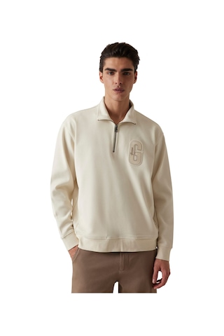Guess Erkek Dik Yakalı Fermuarlı Aplikeli Sweatshirt - Krem Krem