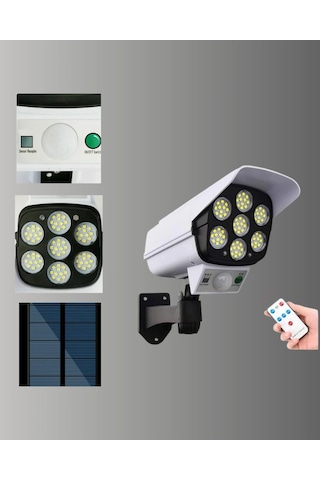 Güneş Enerjili Led Lamba + Güvenlik Kamerası Görünümlü 58 M Hareket Algılamalı, Beyaz Işık Çok Renkli