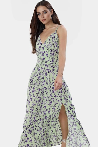 Ersefa Leopar Desenli Kolsuz Viskoz Maxi Elbise A Line Kesim Yırtmaç Detay Zarifane Tasarım Modern Stil Yeşil