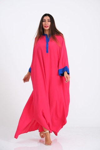 Kadın Pembe Sırtı Palmiye Nakışlı Yarasa Kol Oversize Uzun Elbise - Pembe