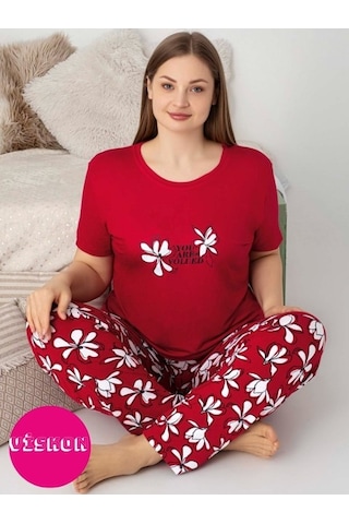 Kadın Bisiklet Yaka Düğmesiz Battal Kesim Viskon Yazlık Kısa Kol Cepli Büyük Beden Pijama Takımı Kırmızı