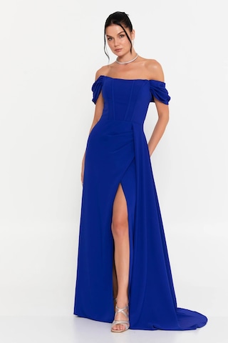 Doridorca Kadın Straplez Korseli Kol Detaylı Derin Yırtmaçlı Uzun Abiye Elbise 5136 Saks Saks