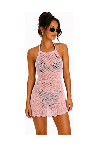 Neden Tekstil Ajurlu Sırt Dekolteli Transparan Beachwear - Mini Plaj Elbisesi - Pembe