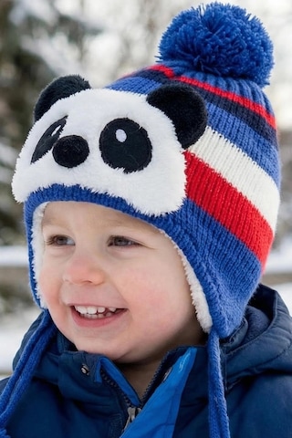 Bay Şapkacı - Sevimli Panda Tasarımlı Unisex Çocuk Kışlık Bere - 5900 Mavi
