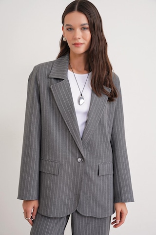 4753 Kadın Çizgili Oversize Blazer Ceket Gri Gri