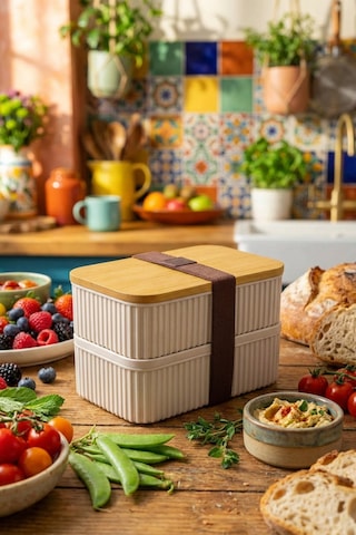 Makri Home Bambu Kapaklı 2'li Saklama Kabı Seti 0,5+0,5 Litre Üst Üste Konabilir 15x9x10 Cm Krem