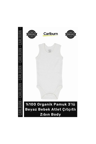 Carlburn Zıbın Yumuşak Unisex Kaliteli 100 Organik Pamuk 3'lü Beyaz Bebek Atlet Çıtçıtlı Zıbın Body