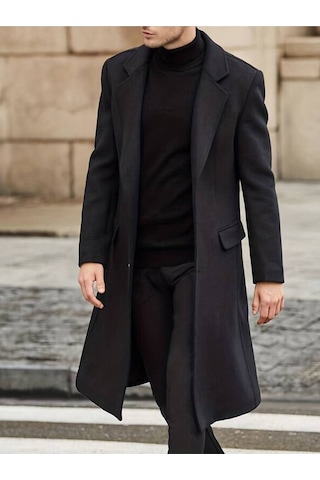 Erkek Siyah Dar Kesim Uzun Yün Karışımlı Kaşe Kaban Siyah