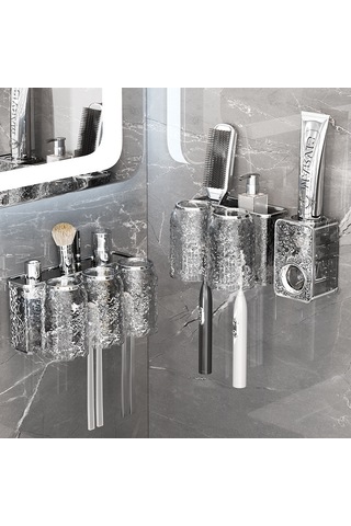 Reedark Banyo Diş Fırçası Ve Bardak Depolama Rafı - Su Dalgalı Desenli, Duvar Takılı, Transparan Gri İki Bardaklı Set Diğer