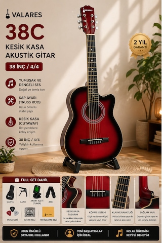 Valares 38c Kesik Kasa Rds Akustik Gitar 38 İnç 4/4 Yetişkin Üst Segment Çanta Capo Askı Pena