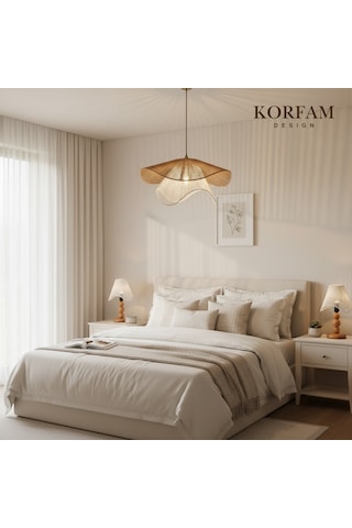 Breeze Modeli Avize & Abajur Set - Hasır El Yapımı Bohem Avize 2'li Ahşap Ayaklı Rustik Abajur Set Beyaz - Kahverengi