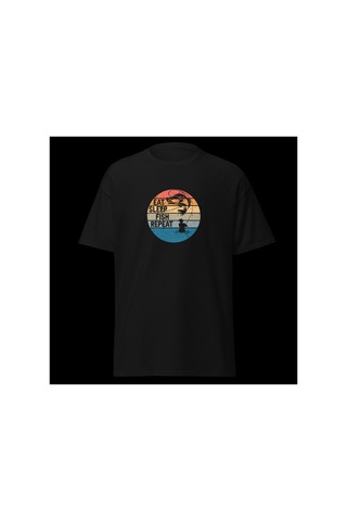 Wildstyle Retro Balık Gün Batımı Vintage Balıkçılık Deniz Baskılı Unisex Bisiklet Yaka Pamuklu Tişört Siyah