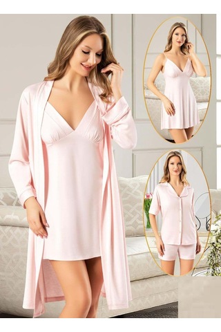 Xses 5025 Kadın Pudra Penye 4'lü Şortlu Sabahlık Gecelik Takım Pudra