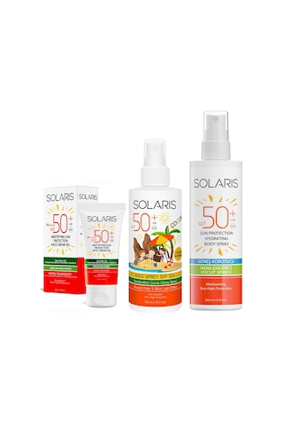 Solaris Yağlı Ciltler İçin Koruyucu Yüz Güneş Kremi SPF50+ 50 ML + Nemlendirici Çocuk Güneş Sprey 150 ML + Güneş Kremleri