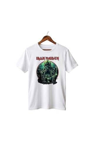 Erkek Iron Maiden Rock Metal Grubu Baskılı Pamuklu T-shirt Beyaz