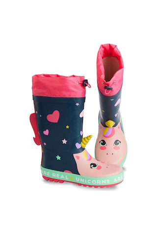 Denokids Kalpli Unicorn Kız Çocuk Lacivert Pembe Yağmur Botu Lacivert - Pembe