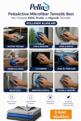 Mikrofiber Cam Bezi 3'lü Set 40x60cm - Ilaçsız Lekesiz Temizlik, Çizik Yapmaz, Yıkanabilir Gri - Mavi