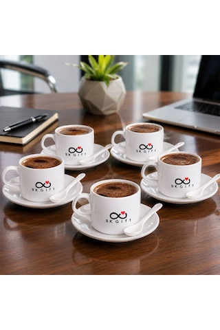 Logonuza Özel 5 Adet Porselen İkili Kaşıklı Fincan Seti - 140 Ml Kurumsal Kahve Seti Beyaz