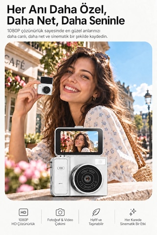 Mimtec Blm-109 Retro Mini Dijital Kamera 1080p Hd Katlanabilir Ekran Flaşlı Selfie Vlog Video Kamerası Beyaz