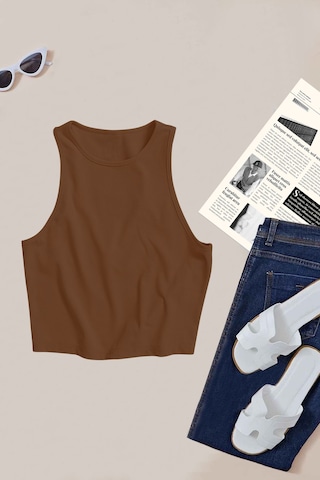 Merry See Tek Renk 1 Adet Kadın Kolsuz Örme Kumaş Bluz Crop Kahverengi
