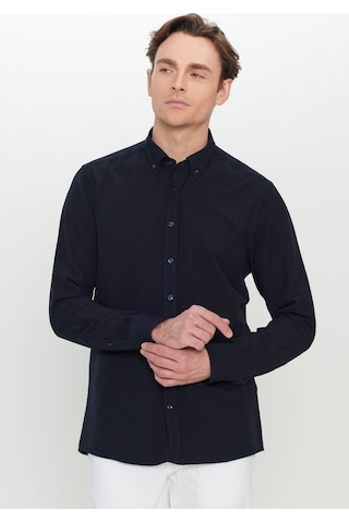 AC&Co / Altınyıldız Classics Erkek Lacı Slim Fit Dar Kesim Düğmeli Yaka Armürlü Gofre Desenli Gömlek Lacı Lacivert