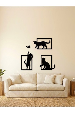 3 Parça Dekoratif Kedi Ve Kelebek Temalı Duvar Dekoru - Modern Tasarım