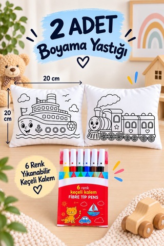 2 Adet Boyama Yastığı + 6 Renk Yıkanabilir Keçeli Kalem Çocuk Aktivite Seti Anaokulu Kreş Etkinliği