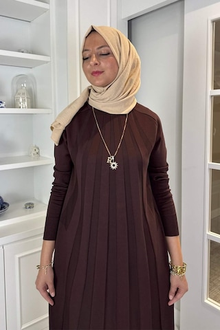 Rabia Şamlı Beyza Fitilli Triko Elbise Acı Kahve Normal