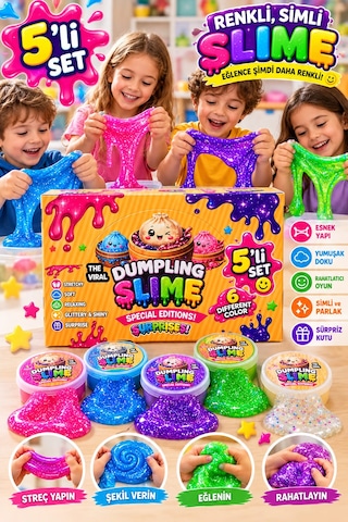 Oyuncak Dumpling 5'li Slime Simli Parlak Renkli Esnek Yumuşak Doku Oyun Jeli Oyun Hamuru Çin Mantısı Sukuşi Çok Renkli