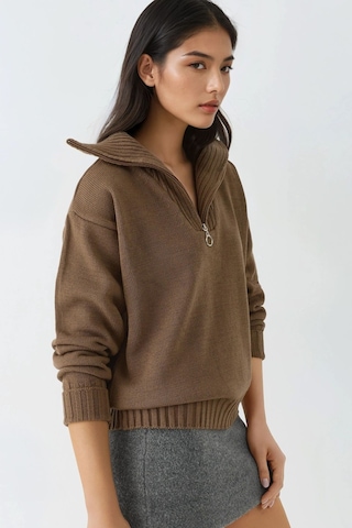 Hiccup My Fashıon Fermuarlı Yaka Oversize Triko Kazak Mocha Kahvesi
