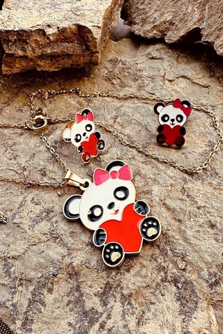 Kalpli Panda Model Mineli Gold Altın Renk Paslanmaz Çelik Kolye Küpe Set