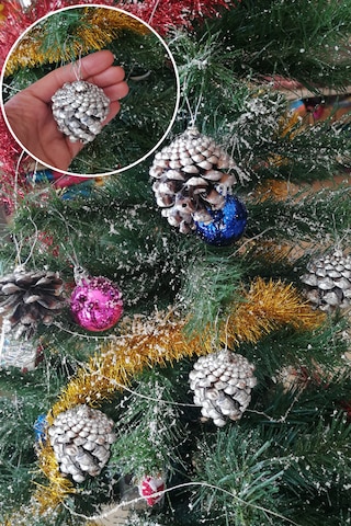 6 Adet Yılbaşı Çam Ağacı Gümüş Kozalak Süs Yeni Yıl Çam Ağacı