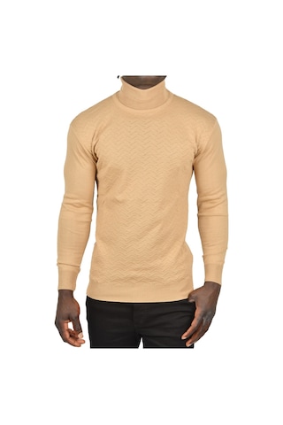 Deepsea Erkek Camel Zigzag Desenli Tam Balıkçı Yaka Dar Kesim Boğazlı Triko Kazak 2505497 Camel