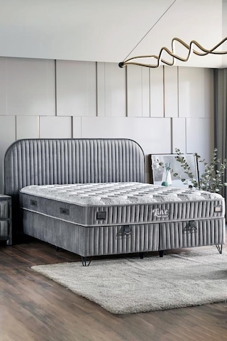 Line Visco Lüks Yatak Baza Ve Başlık Seti 140x190 Cm Çift Kişilik Yatak Baza Başlık Takımı Koyu Gri