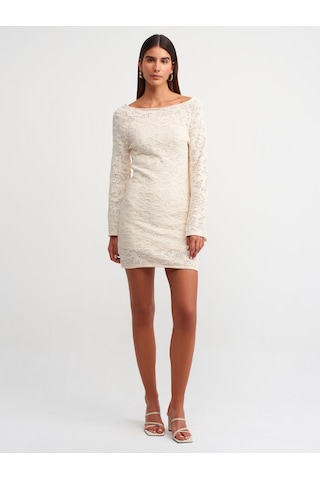 Dilvin Kayık Yaka İspanyol Kol Astarlı Triko Elbise Ekru
