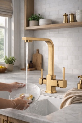 Rena Design Mat Gold Aritmali Mutfak Eviye Bataryasi 3 Yollu Kare Mutfak Musluk Prinç Garantili Altin Armatür