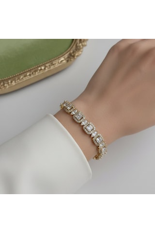Lente Aksesuar 14k Altın Kaplama Rengi Vip Seri Prenses Kesim Zirkon Taşlı Bileklik Altın