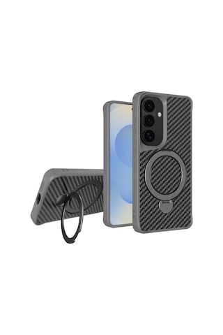 Teleplus Samsung Galaxy Uyumlu  S26 Plus Kılıf Karbon Fiber Magsafeli 360 Dönerli Standlı Alp Kapak Gri