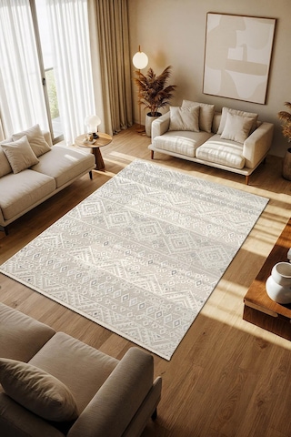 Cotto Motto Tt008a Krem Halı Modern Geometrik Desen Pamuk Taban Yıkanabilir Salon Mutfak Halısı
