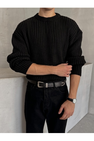 Erkek Fitilli Örme Oversize Kazak Siyah