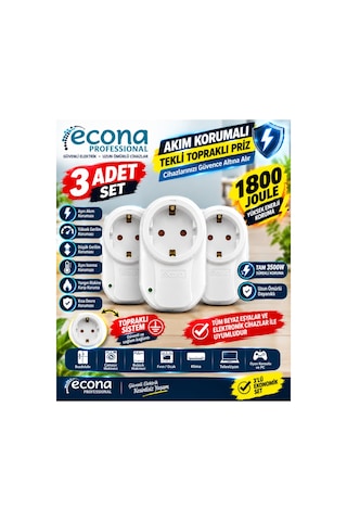 3 Adet ---3500w Akım Korumalı Tekli Topraklı Priz 3'lü Eko Set - 1800 Joule Yüksek Gerilim & Aşırı Akım Korumalı Paketi 0