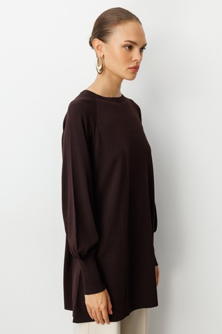 Mizalle Premium Rayon Balon Kol Kahverengi Triko Kazak Kahverengi