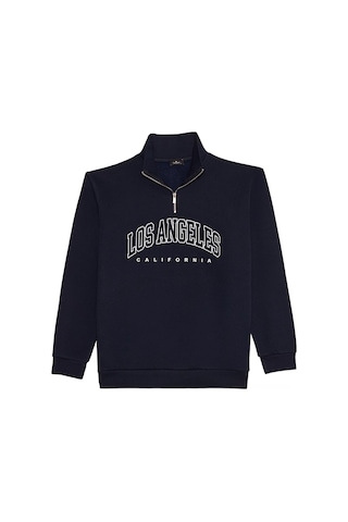 Tudors Erkek Relax Fit Rahat Kesim Pamuklu Yarım Fermuarlı Baskılı Lacivert Sweatshirt-42296 Lacivert